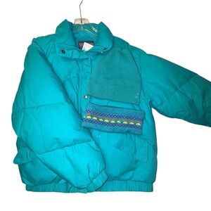 Vintage Woman's Vibrant Teal Puffer Jacket with Hat and Earmuffs